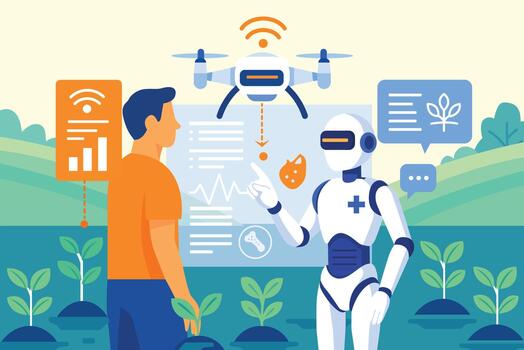 Robot and human in a smart farm with drone and data visuals, symbolising AI in agriculture vector