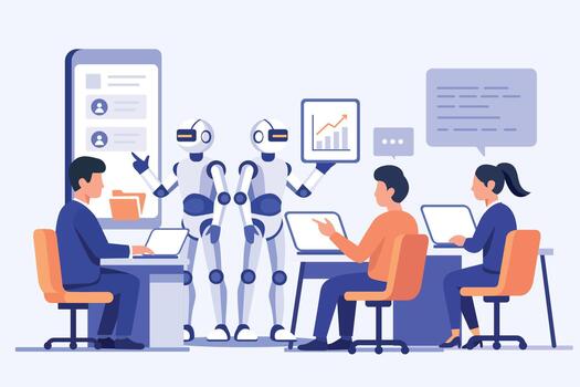 Humans and robots collaborating in a modern office with data screens, symbolising AI-driven teamwork vector