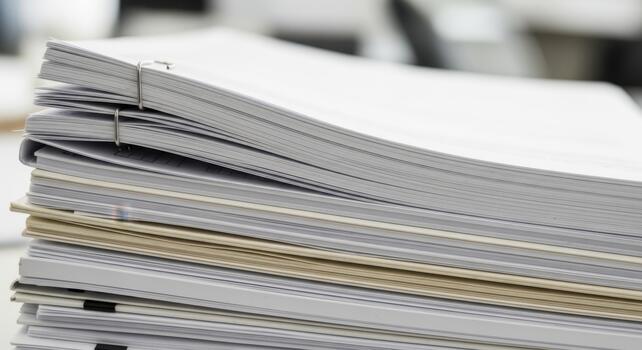 Stack of paperwork and documents, some with metal clips. Concept of office life, bureaucracy, heavy workload, and organization for business or education material photo