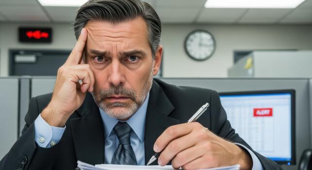 Businessman in formal attire, sitting at desk with documents, showing concern while analyzing paperwork in a modern office environment, reflecting workplace stress and focus photo