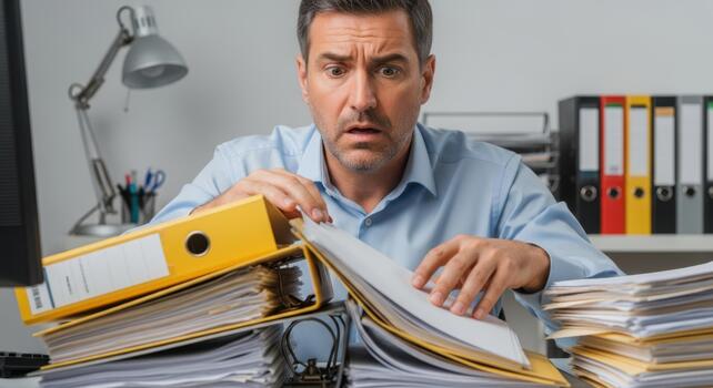 Stressed businessman looking at a lot of paperwork. Overwhelmed office worker with too much task. Concept of bureaucracy and overload. photo