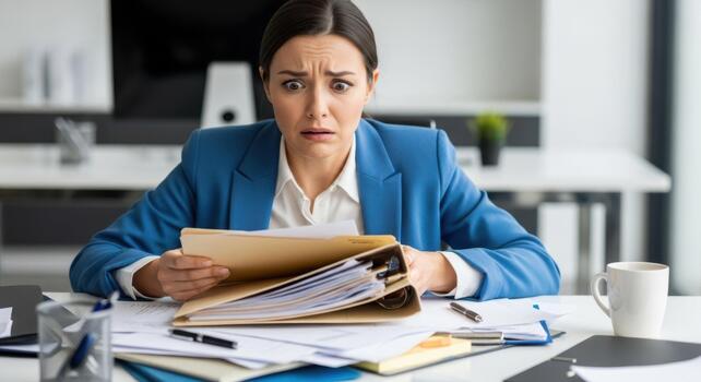 Female office worker, surrounded by stacks of paperwork, is focused on organizing documents at her desk, illustrating the complexities of managing tasks photo