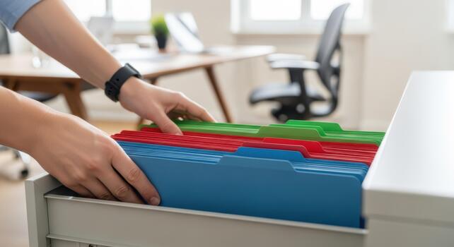Woman's hands placing file folders in a drawer, organizing office documents. Business administration and archiving or data management concept. photo