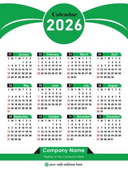 2026 Calendar Template with Monthly View. calendar layout 2026. vector