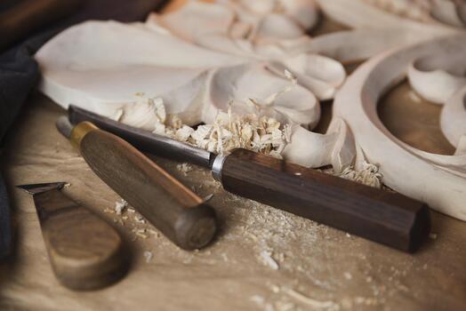 Professional tools for wood carving with wood shavings and elements of processed cut wood, top view. Selective focus photo