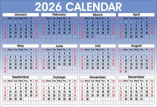 2026 Calendar with Months and Dates vector