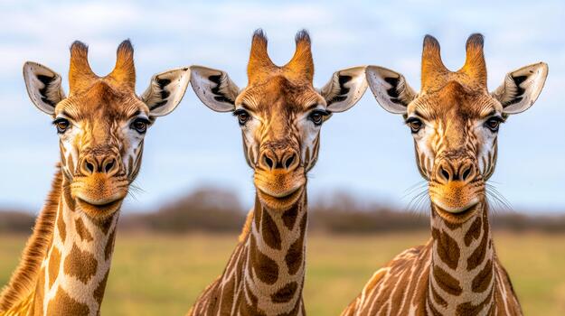 Giraffes stand together in open field. Three giraffes gather in a sunny field, highlighting their unique patterns and long necks against a clear sky. photo