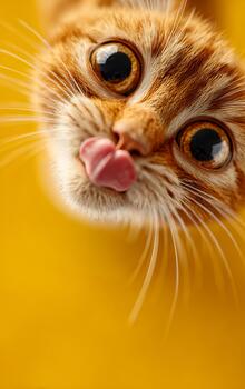 Curious kitten with playful expression. A playful orange kitten licks its nose while gazing directly at the observer against a bright yellow background. photo