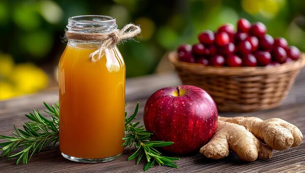 Apple ginger juice on display. A jar of fresh juice sits with an apple and ginger roots on a wooden table, grapes in the background. photo