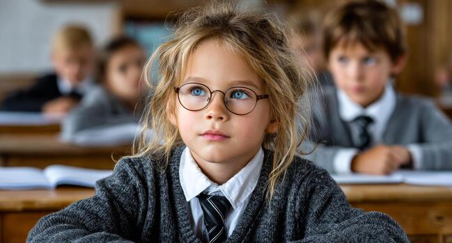 Student learning in class. A student with glasses sits attentively in a classroom, focusing on a lesson while peers are in the background. photo