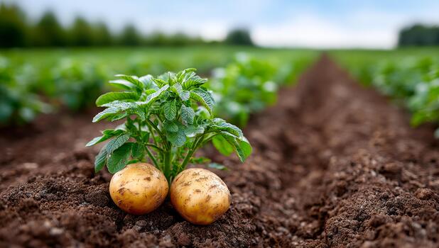 Potatoes in a cloudy field. Healthy potato plants emerge from rich soil in a rural field on a cloudy day, showcasing agricultures bounty. photo