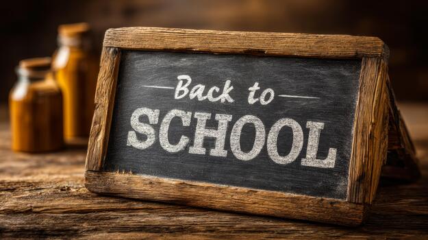 Back to school message in wooden frame. A rustic sign displaying back to school in chalk style, surrounded by jars in a cozy wooden setting. photo