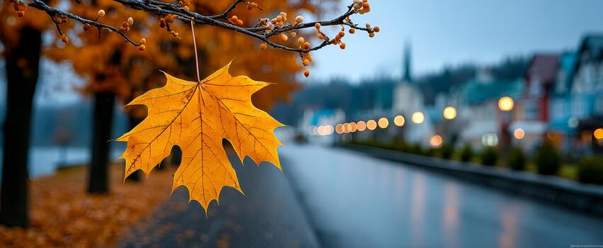 Maple leaf in Autumn Afternoon. A single golden maple leaf hangs from a branch in Autumn, over a wet street with buildings in the background. photo