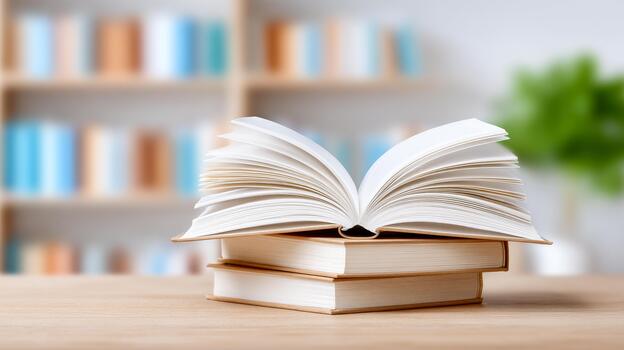 Open book on stack of books. Three books are stacked, with the top book open. A bookshelf and plant are blurred in the background. photo