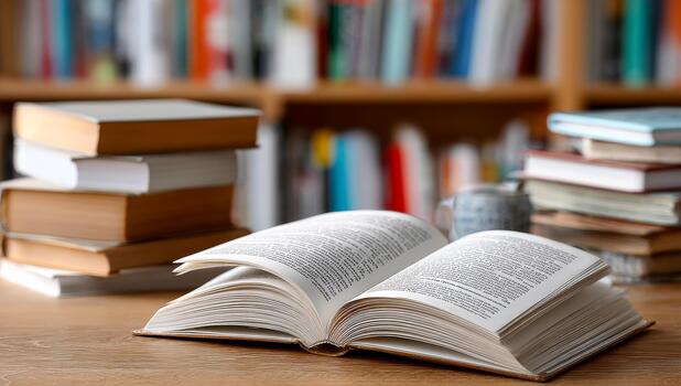 Open book on a wooden table. An open book lays on a wooden table, with stacked books and a bookshelf in the background during the daytime. photo