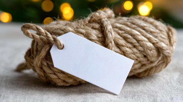 A roll of natural twine with an empty tag rests on a light surface, surrounded by soft, warm light. photo