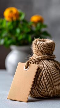 Natural twine bundle tied with a tag sits on a table near a potted flower. The scene is calm and inviting. photo