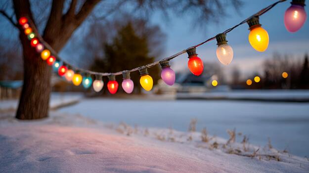 String lights glow warmly along a snowy path by the frozen lake, creating a cozy atmosphere in the twilight. photo