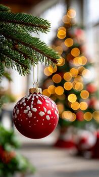 un rojo ornamento cuelga en un árbol rama mientras suave luces desde un decorado árbol brillar en el antecedentes. foto