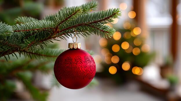 un rojo ornamento cuelga desde un verde rama con un suavemente iluminado árbol en el antecedentes. eso capturas un festivo momento. foto