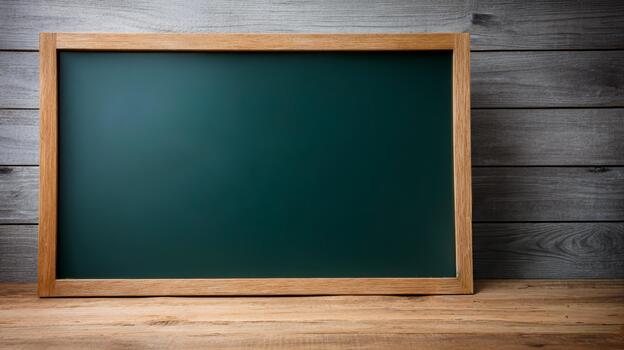 Chalkboard on wood background. A clean chalkboard rests on a wooden surface, suitable for notes or drawings, creating a rustic atmosphere. photo