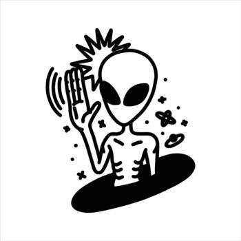 Intriguing extraterrestrial waving hello from spaceship, an eye-catching graphic for sci-fi fans and space exploration enthusiasts, perfect for quirky merchandise vector