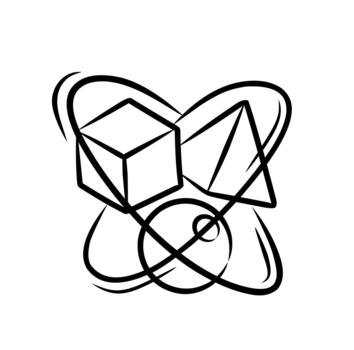 A conceptual hand drawn with minimal shading illustration featuring 3D geometric shapes orbiting in scientific atomic motion, ideal for education, STEM visuals, and technical learning resources. vector
