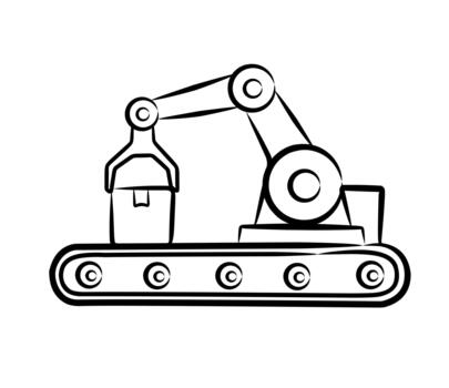 A hand-drawn illustration of a robotic arm and conveyor belt with minimal shading, functioning as a visual element to represent factory assembly lines, automation, industrial production vector