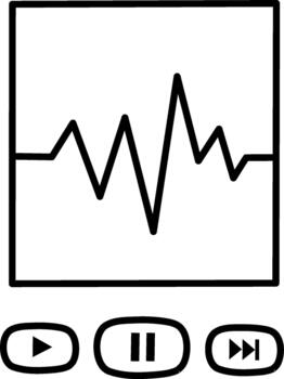 A minimalist line art illustration of an audio waveform displayed within a square frame, accompanied by playback control buttons play, pause, next below. vector