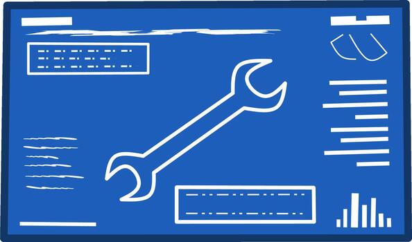 A modern blueprint style illustration featuring a wrench icon and technical interface elements in a clean industrial theme for engineering, repair, and mechanical design projects vector