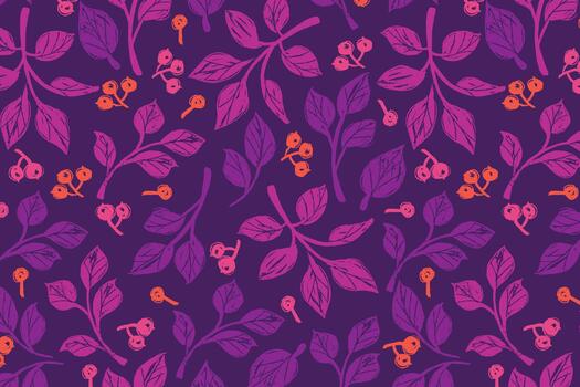 Multicolored Leafy Pattern with Branches on Dark Background. Hand drawn nature foliage. Pink leaves with grunge texture vector