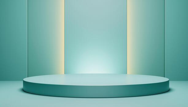Minimalist Teal Green Podium with Glowing Vertical Lights in an Abstract Studio Display photo