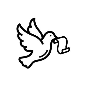 Dove carrying a scroll in its beak, representing peace, news, and communication, rendered as a simple black and white line art icon vector