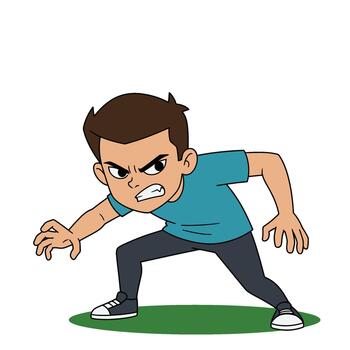 Angry young boy in a blue t-shirt and dark pants, crouching low in a defensive or aggressive stance on grass, with furrowed brow and determined expression vector