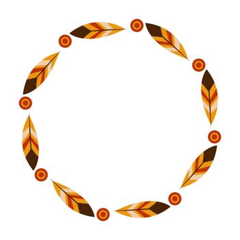 Simple circle frame. Hand drawn leaves, branches and feathers. vector