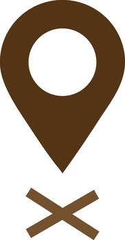 Brown location pin with crossed sticks symbolizing removed or deleted location vector