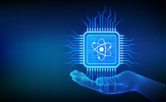 cuántico chip en mano. cuántico procesador con qubit superposición. cuántico informática tecnología. ai. artificial inteligencia. alta velocidad calculos revolucionario algoritmos ilustración. vector