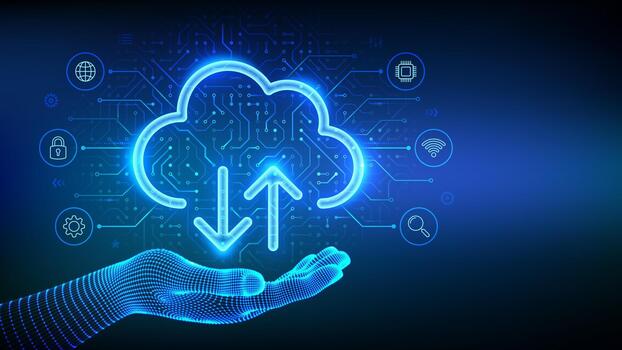 nube informática servicio. seguro nube almacenamiento. base de datos almacenamiento, datos centro. nube icono en estructura metálica mano. subir descargar aplicación circuito tablero modelo. tarjeta de circuito impreso impreso circuito textura. ilustración vector