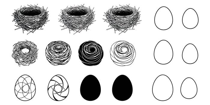 Assortment of Natural and Stylized Nests with Outline and Patterned Eggs vector