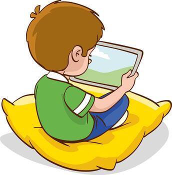 Happy little boy holding and using digital tablet touching screen browsing internet, doing homework, and playing games. Kids and electronic gadget devices concept for children. vector