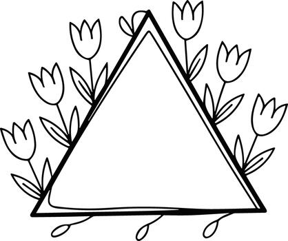 Black and white line drawing of a triangular frame with eight tulip flowers decoration vector