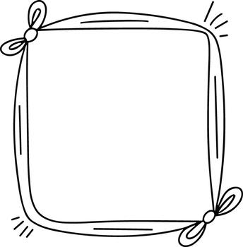 Simple black and white line drawing of a decorative square frame with corner bows vector