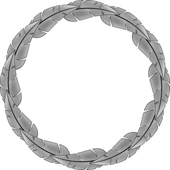 Detailed line art of a circular wreath frame made of overlapping feathers. Boho aesthetic vector