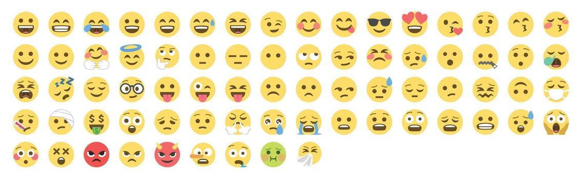 A collection of face emojis, each with a distinct expression, arranged in several rows. vector