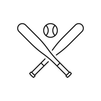 Baseball ball with bat line icon, baseball game concept. graphics. Bat and ball, sport attribute sign on white background, outline style icon for mobile or web design vector