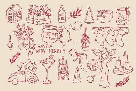 conjunto de rojo contorno garabatos con Navidad elementos en beige antecedentes vector