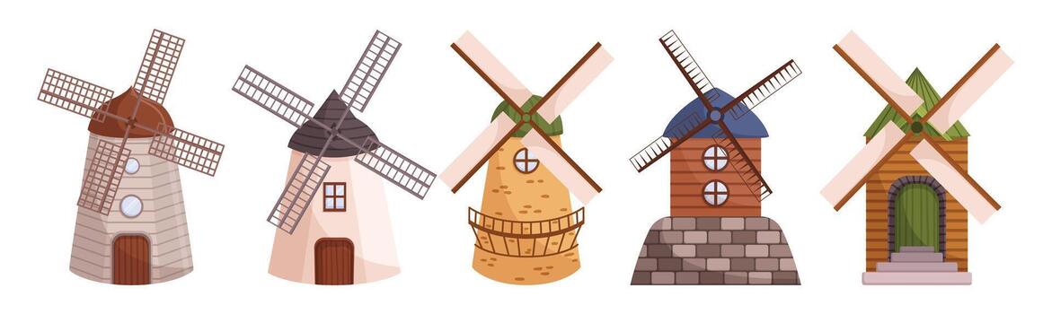 Set Of Ancient Windmills, Historic Rustic Structures, Showcasing The Early Use Of Wind Power For Grinding Grain vector