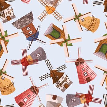 Seamless Pattern Of Windmills Showcasing Rotating Blades, Tile Background Creating Whimsical And Nostalgic Mood vector