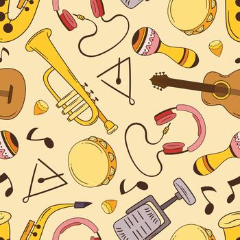 Seamless Pattern With Doodle Musical Instruments And Items. Repeated Tile Background With Trumpet, Triangle vector