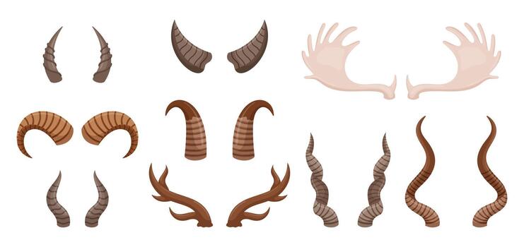 Diverse Set Of Animal Horns Featuring Various Shapes And Sizes. Ideal For Educational Purposes, Artistic Projects vector